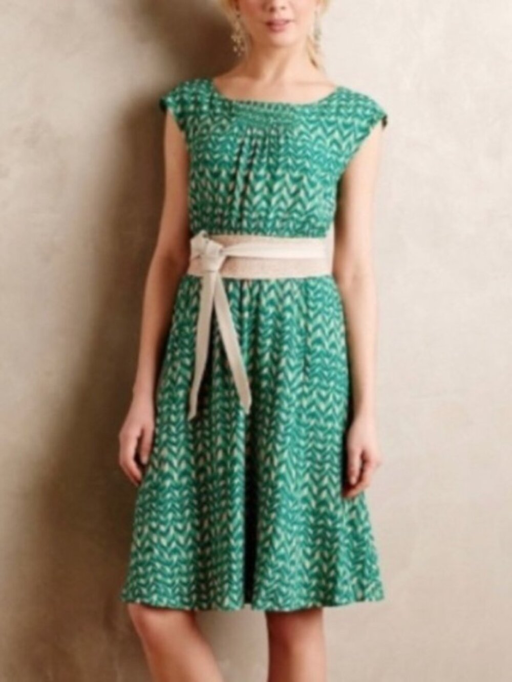 MAEVE womens DRESS green CHEVRON geometric pattern ANTHROPOLOGIE SIZE XS